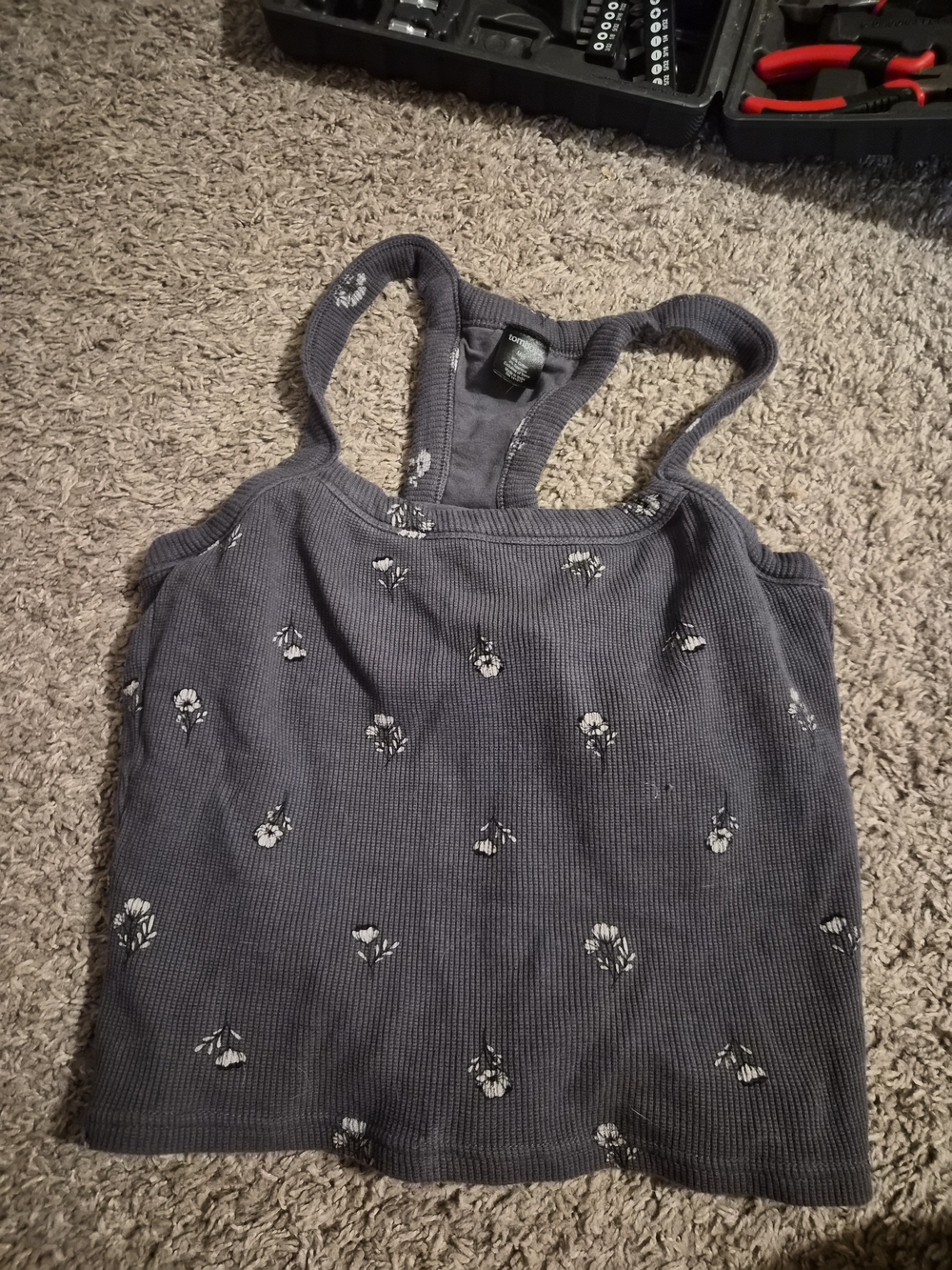 TomboyX Gray Waffle Knit Racerback Tank with Small White Floral Print